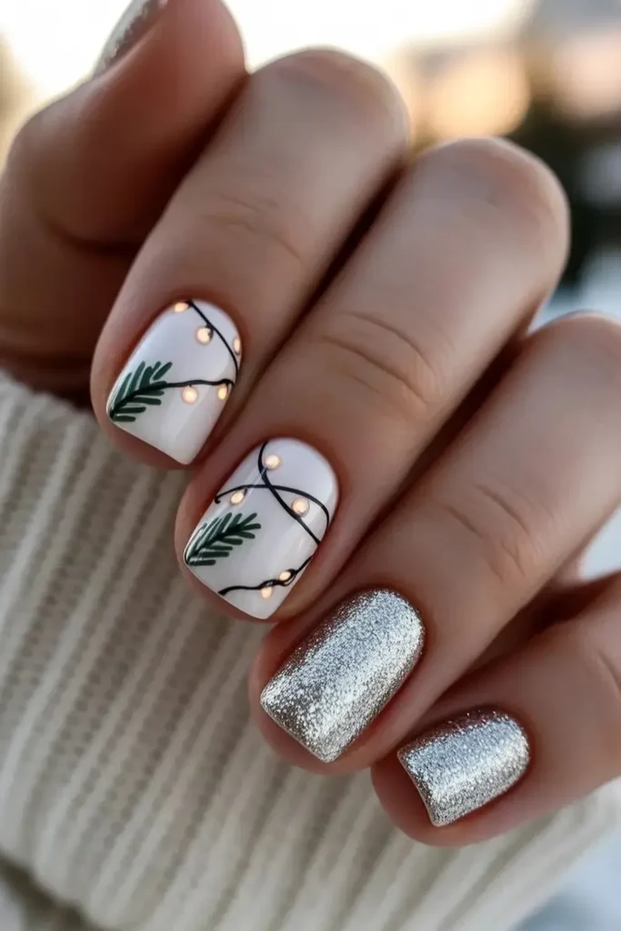 Silver Glitter and Twinkle Light Nails