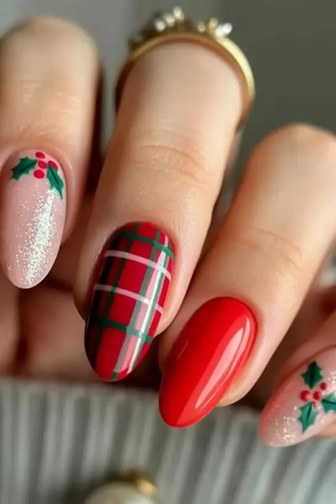 Simple Red and Green Christmas Nails With Plaid and Holly