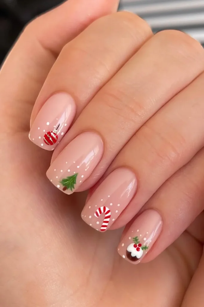 Snowy Nude Nails With One Mini Motif Each