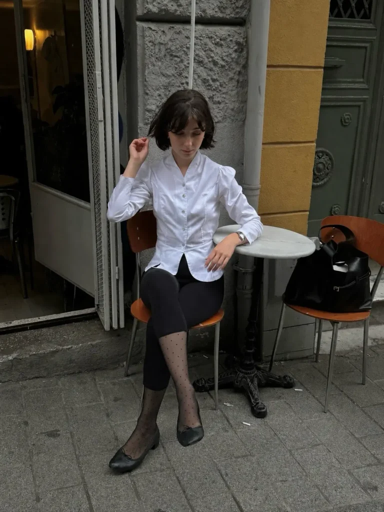 White Fitted Blouse, Cropped Leggings, and Dotted Tights