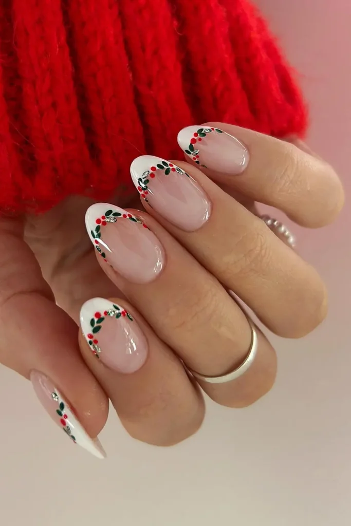 White French Tips With a Holly Garland