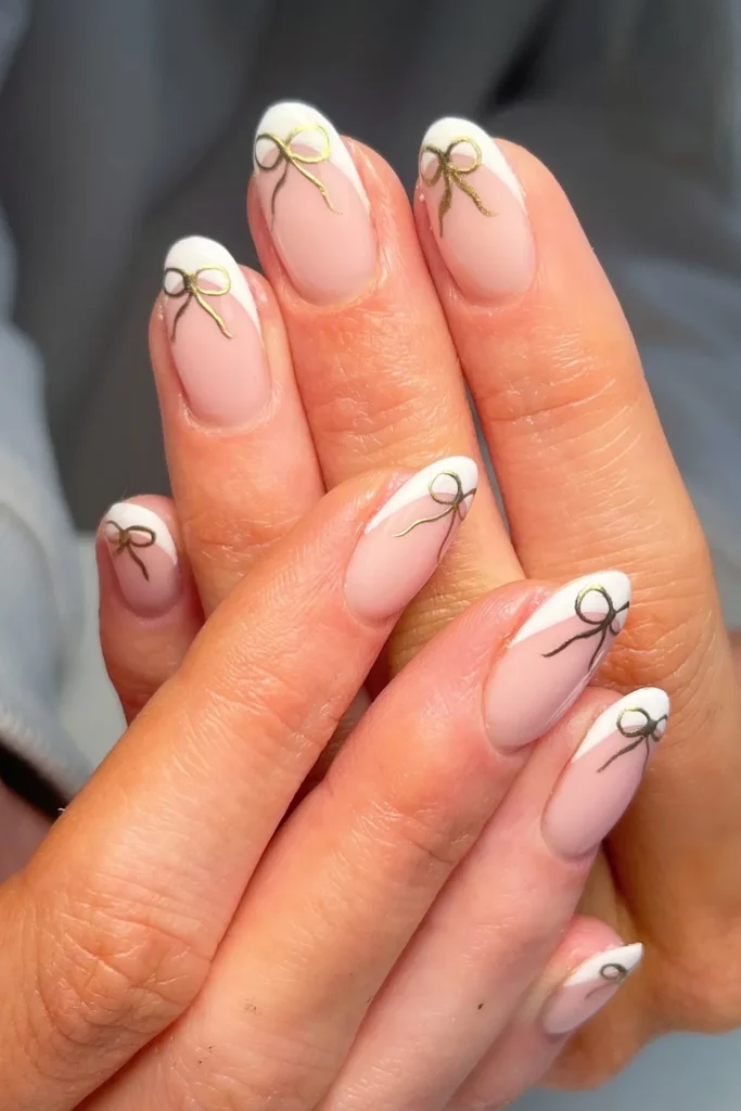 White French Tips With Gold Ribbon Bows