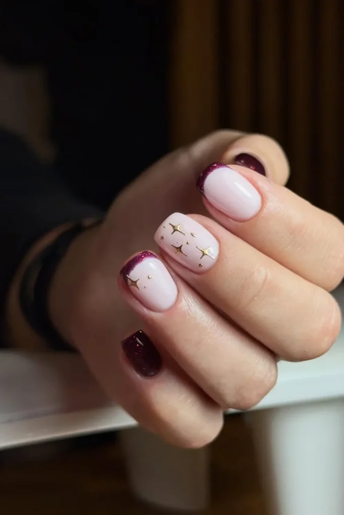 Burgundy Glitter Tips and Gold Stars