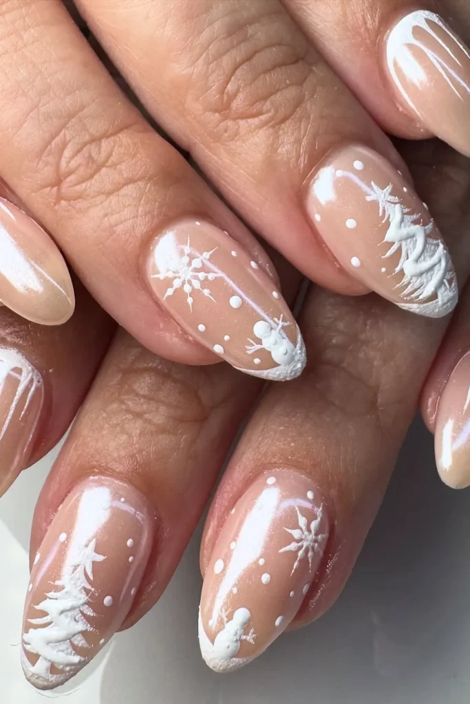 Icicle Nails With Frosted Trees and a Snowman