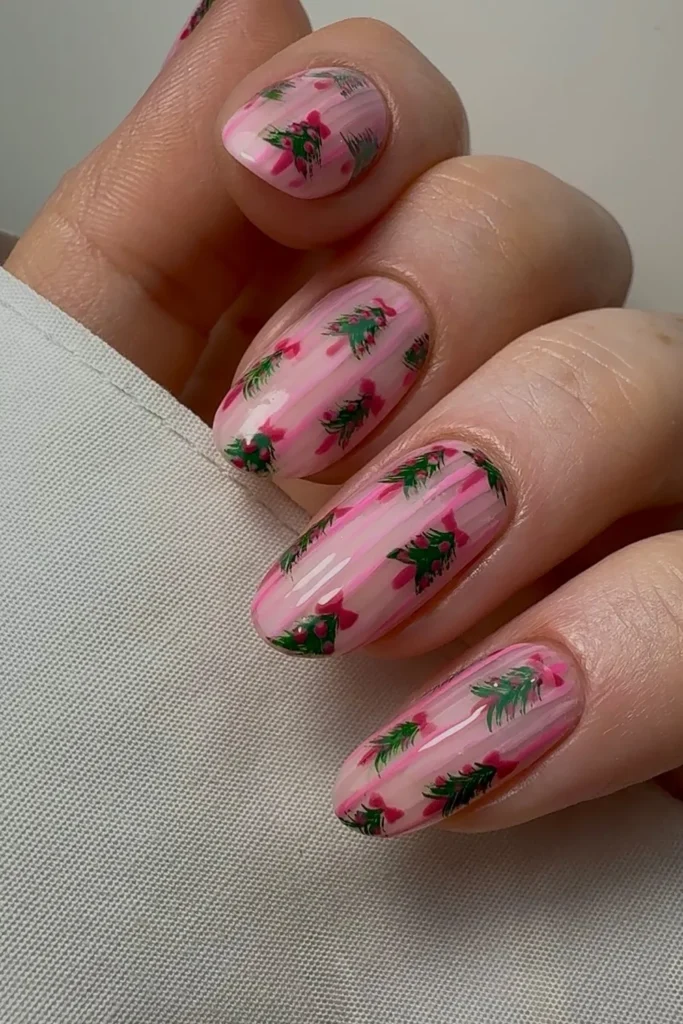 Pink and Green Christmas Tree Print Nails