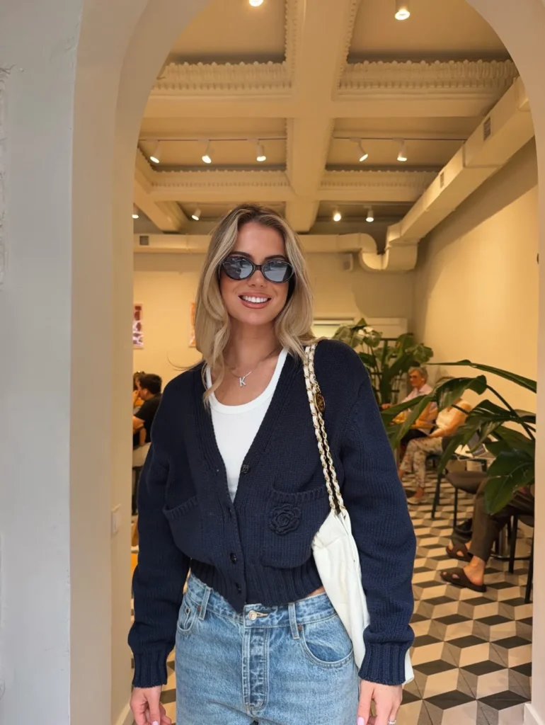 The Cropped Navy Cardigan With a Crochet Rose
