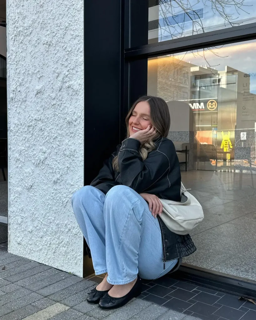 Black Leather Jacket, Light Wide Jeans