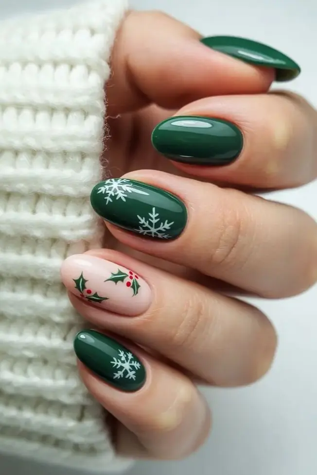 Forest Green With Snowflakes and a Holly Nail