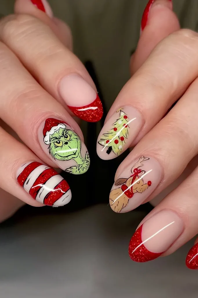 Grinch Nail Art With Red Glitter French Tips