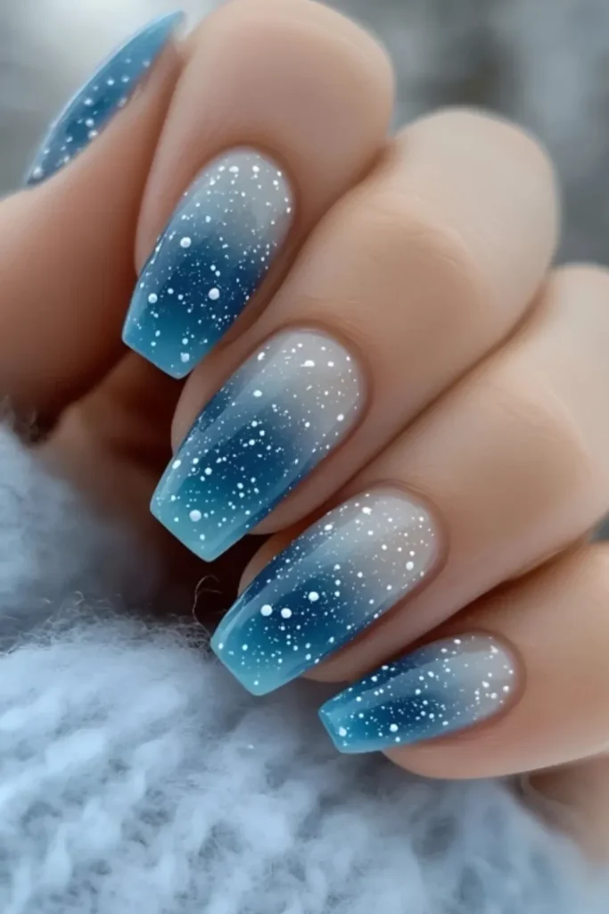 Icy Blue Ombre Nails With Falling Snow