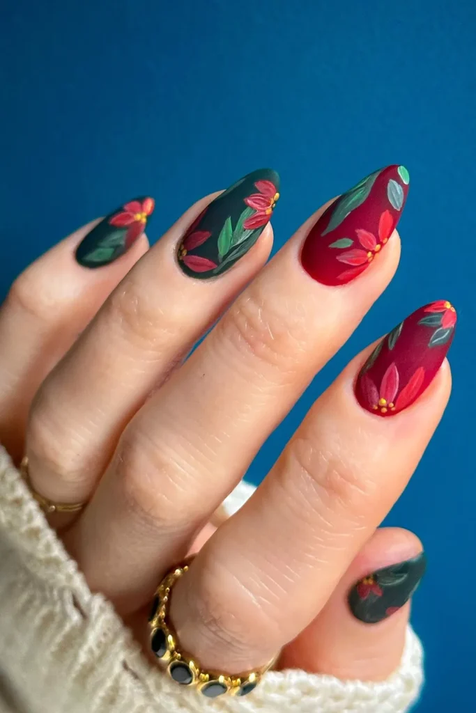 Matte Green and Red Nails With Painted Poinsettias