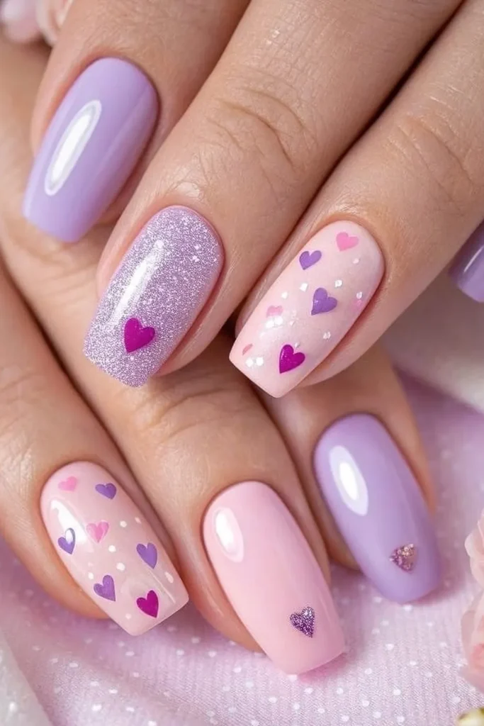Pink and Lilac Nails With Tiny Hearts