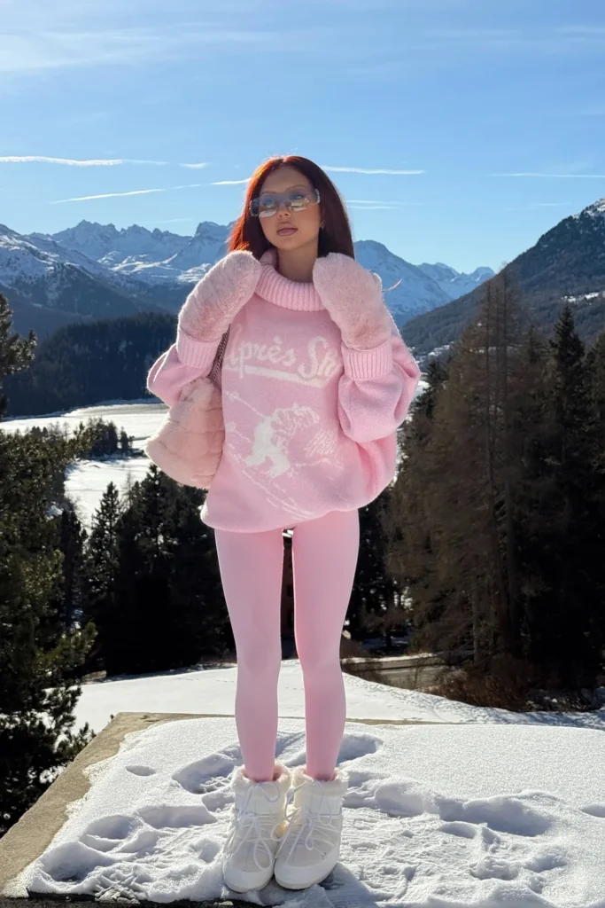 Pink Après Ski Sweater, Leggings, and Fur Snow Boots