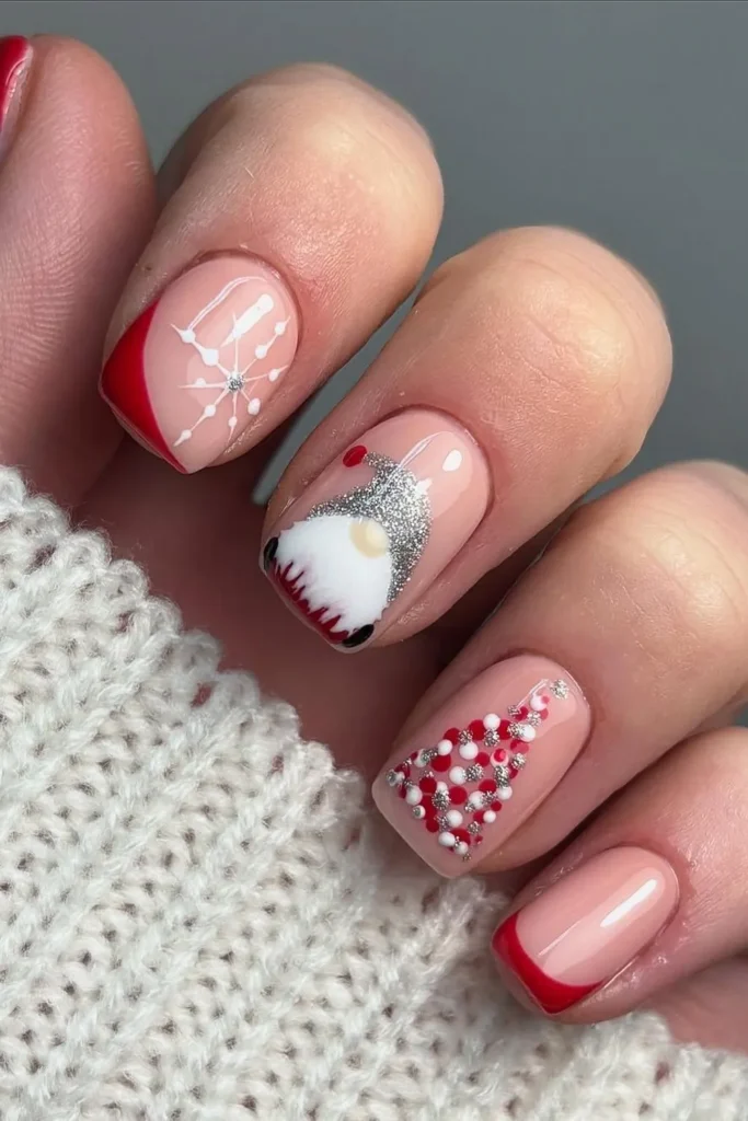 Red French Tips With a Snowflake, Gnome, and Dot Tree