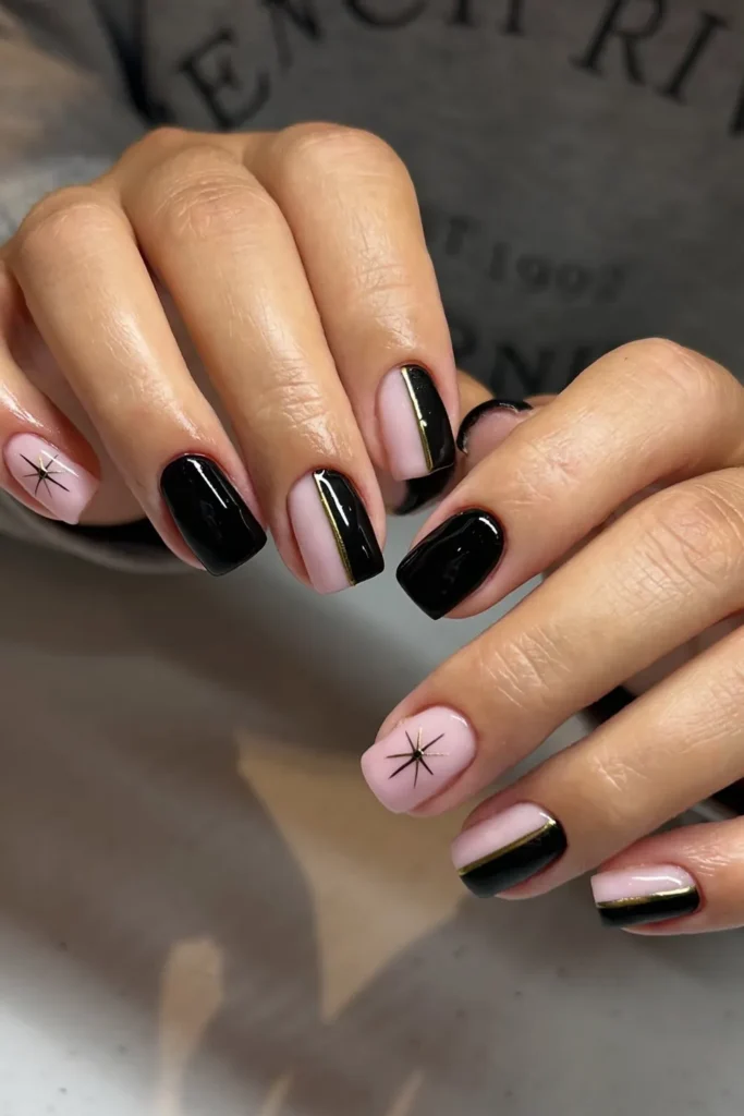 Black and Nude Color Block Nails With a Gold Line