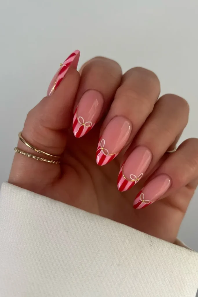 Candy Cane French Tips With Tiny White Bows