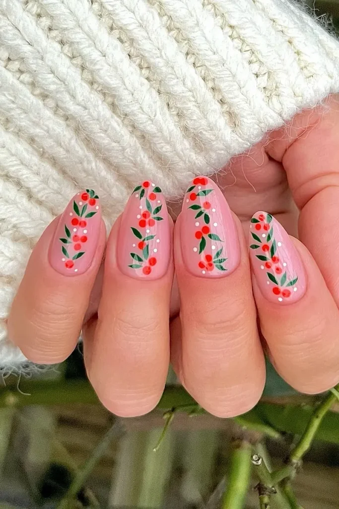 Easy Christmas Nails With a Berry Vine Down the Middle