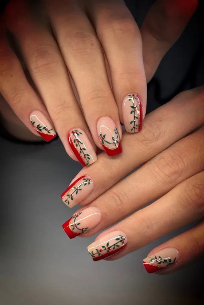 Holly Vine Nails With Red Diagonal Tips