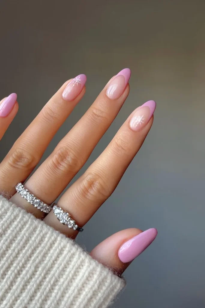 Pink French Tip Christmas Nails With Snowflakes