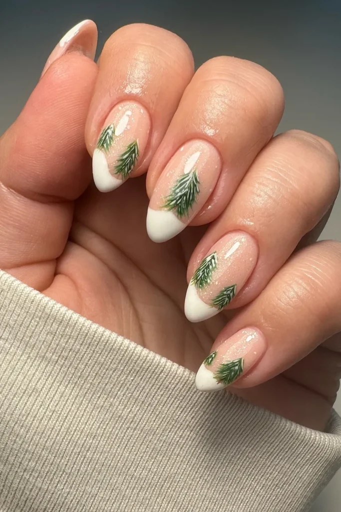 Snowy Pine Branches on White French Tips