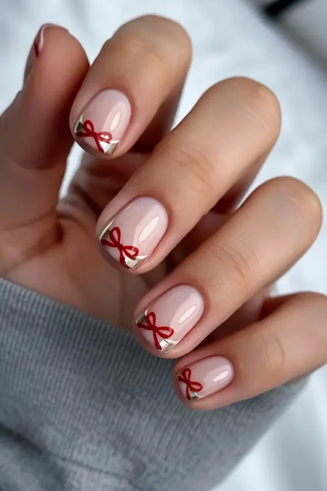Tiny Red Bows on Gold Corner Tips
