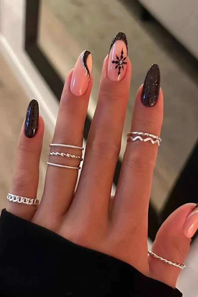 Black Glitter, Silver Swirls, and One Snowflake