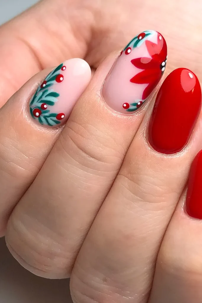 Bright Red Nails With a Poinsettia and Berry Branch