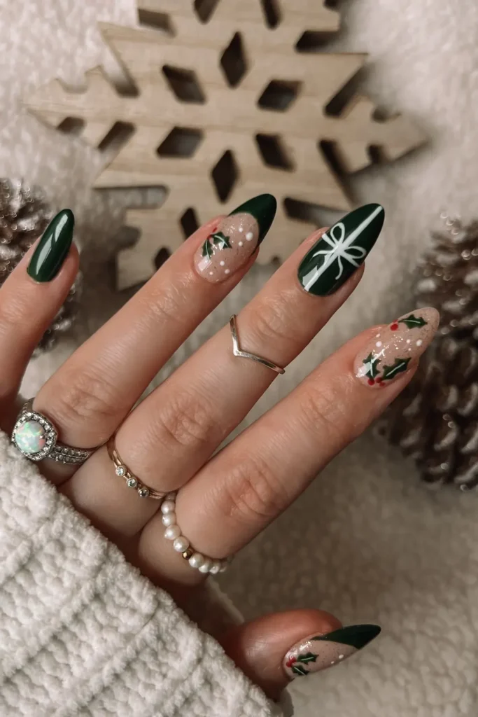 Deep Green Gift Wrap With Holly Accents