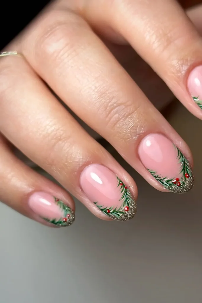 Evergreen French Tips With a Gold Glitter Edge