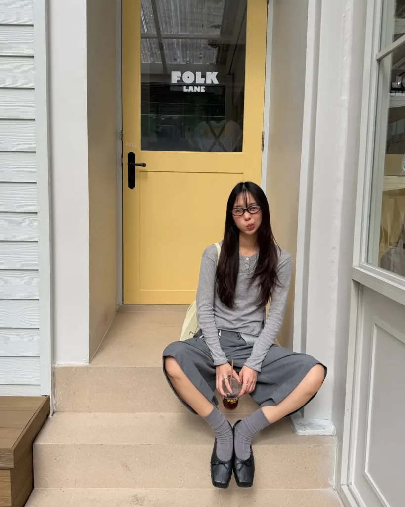 Gray Knit, Long Tailored Shorts, and Socks With Flats