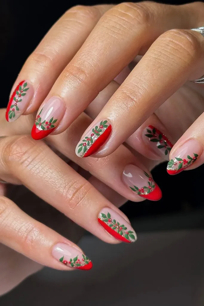 Green Holly Garland on Red French Tips