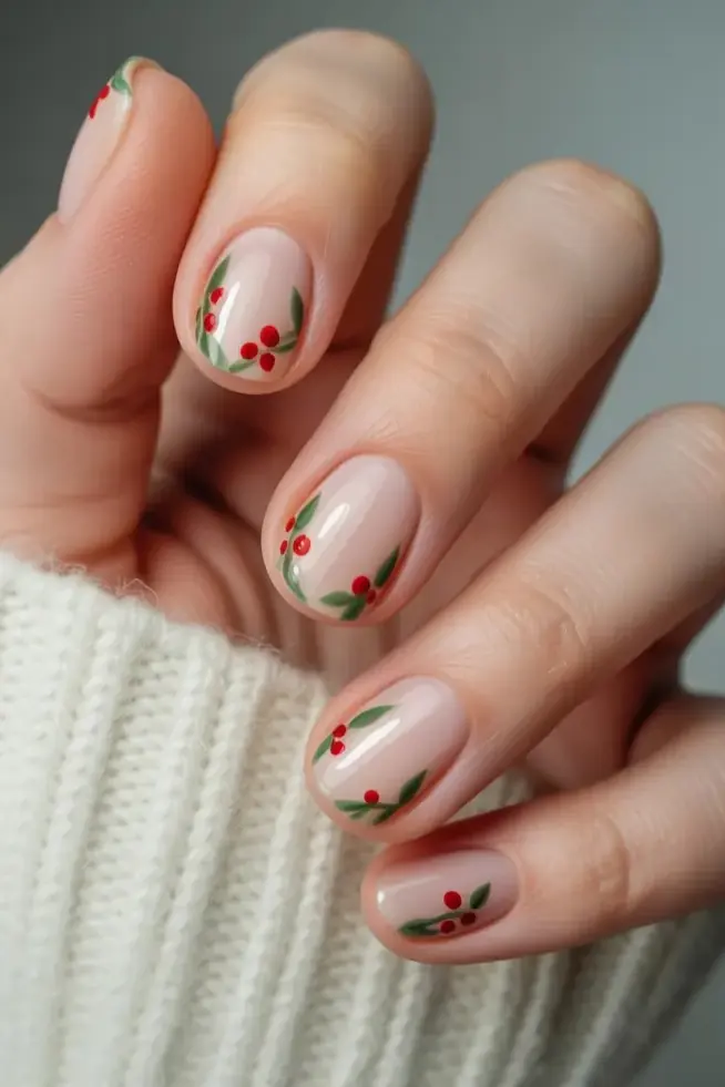 Holly Berry Vines on Bare Nails