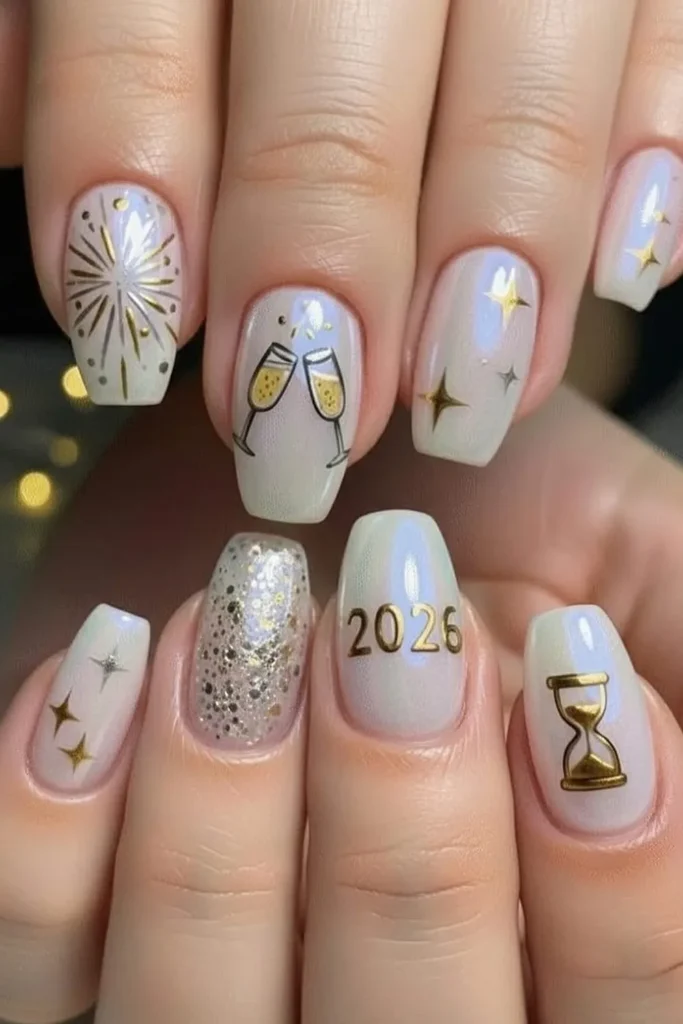 New Year’s Eve Nails With Champagne Toasts and an Hourglass