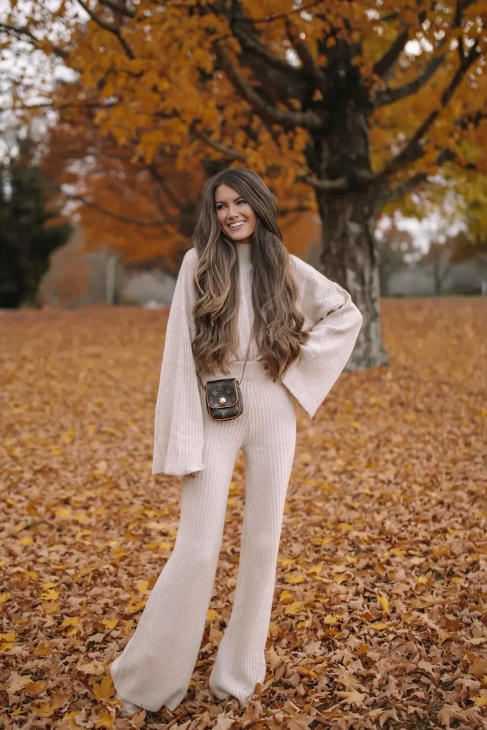 Oatmeal Ribbed Knit Set With Flared Pants
