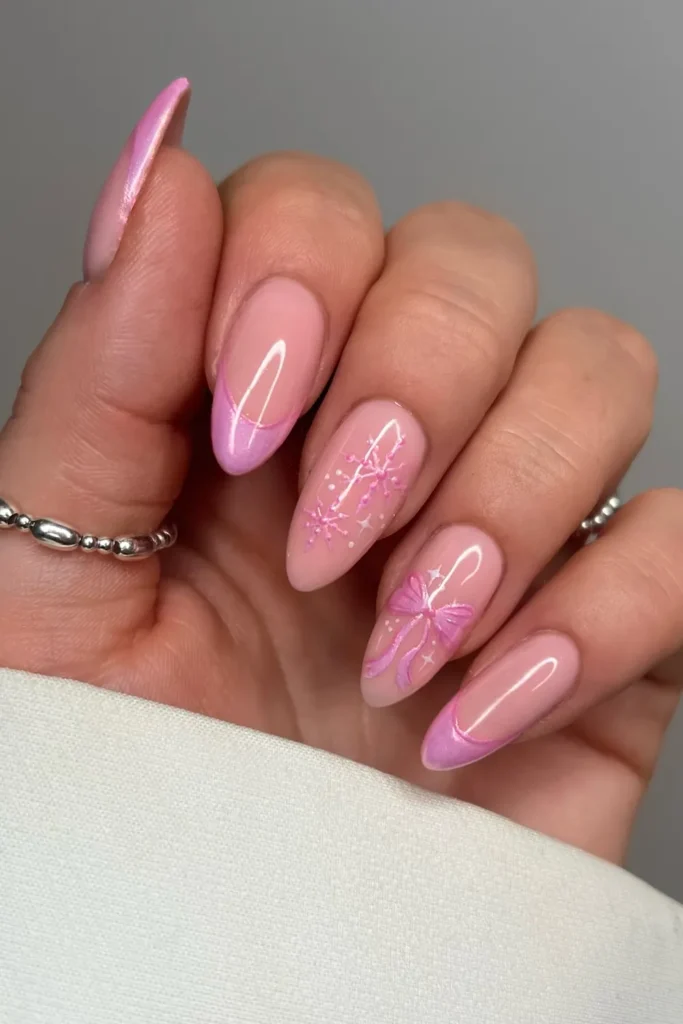Pink Chrome Tips With a 3D Bow and Raised Snowflakes