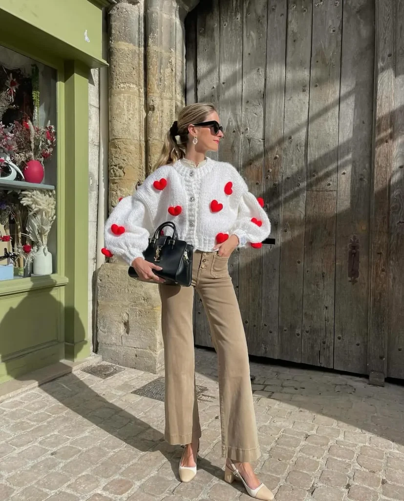 The Heart Cardigan With Camel Wide Leg Trousers