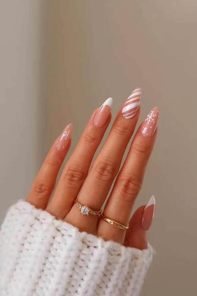 White French Tip Christmas Nails With Candy Stripes