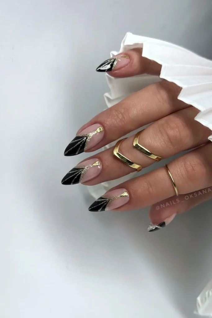 Black and Gold New Year Nails With Art Deco Tips