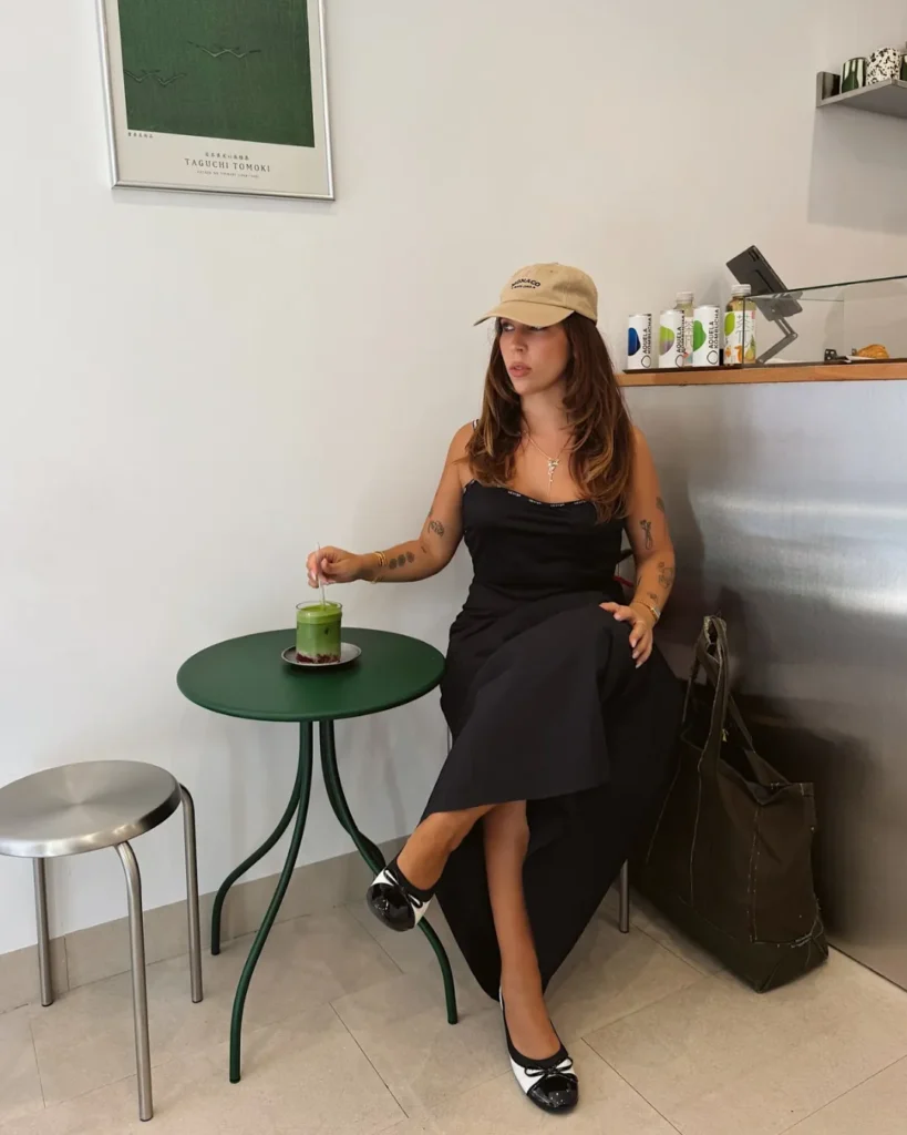 Black Strappy Dress With Black and White Flats