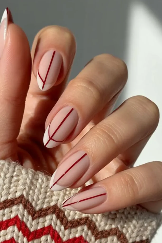 Burgundy Lines on a Nude Almond