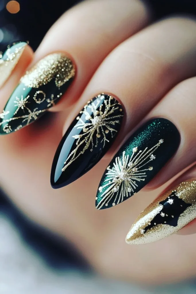 Emerald and Black Nails With Gold Fireworks