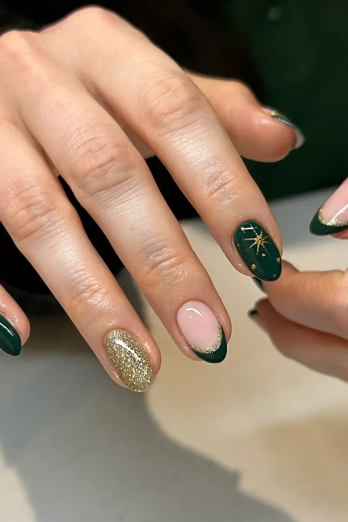 Green French Tip Christmas Nails With Gold Stars