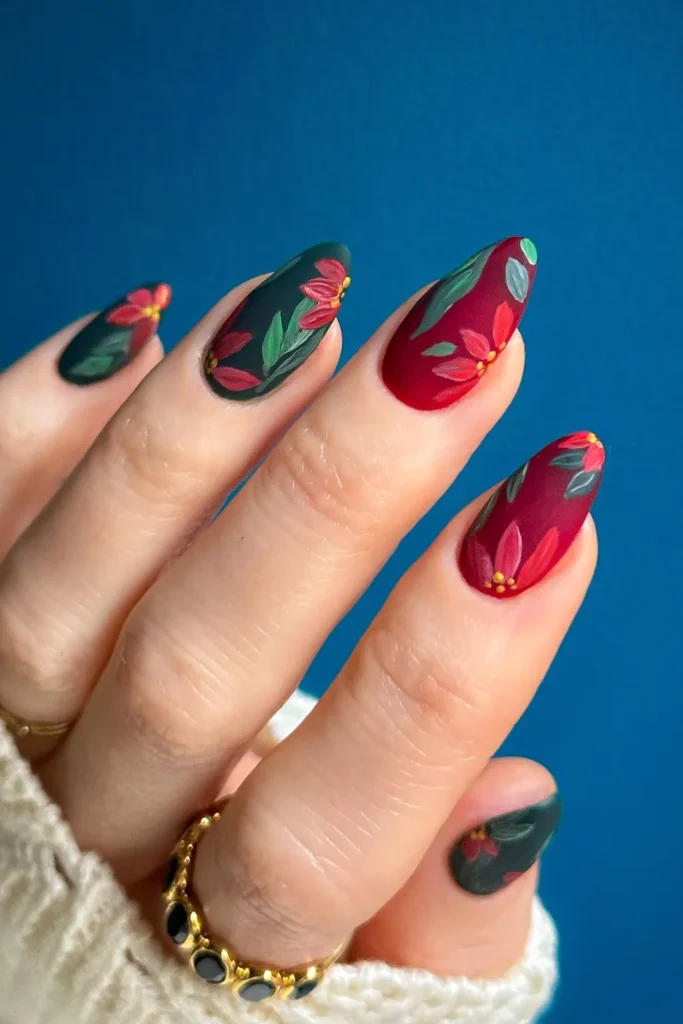 Matte Poinsettias on Wine and Forest Green