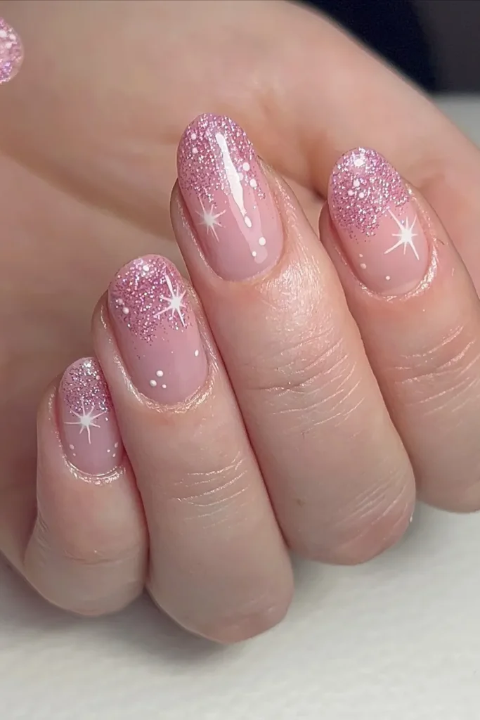 Pink Glitter Fade Nails With White Stars