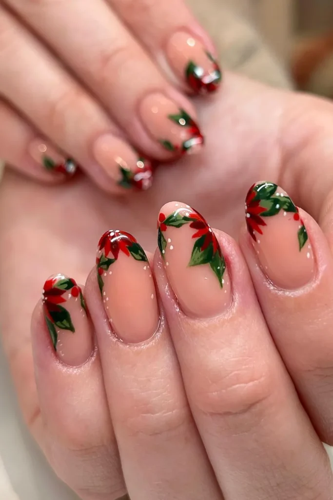 Poinsettia French Tips on Short Almond Nails