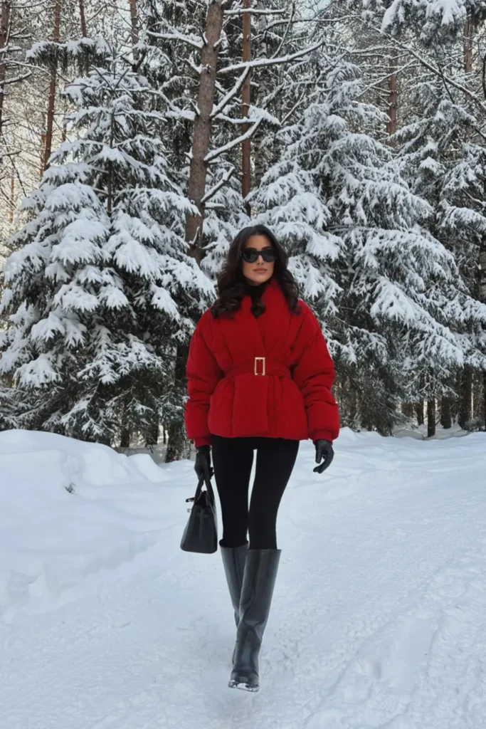 Red Belted Puffer, Leggings, and Knee High Boots for a Snowy Walk