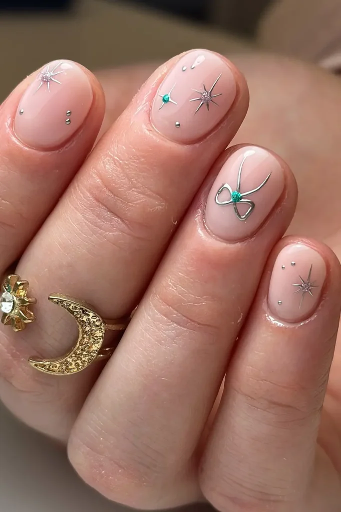 Silver Stars and a Tiny Bow on Very Short Nails