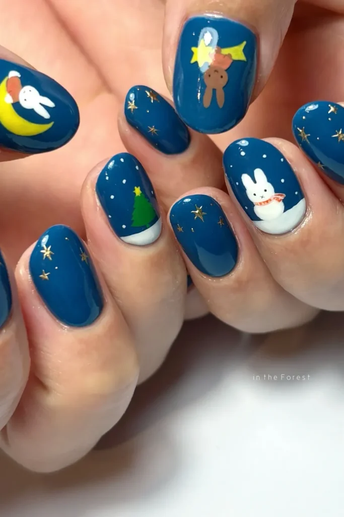 Steel Blue Starry Night Nails With Sleepy Bunnies