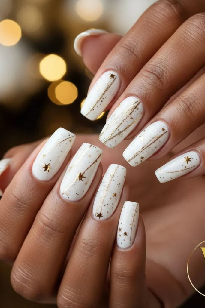 White and Gold Christmas Nails With Shooting Stars