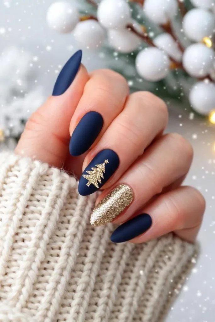 Blue and Gold Christmas Nails With a Glitter Tree